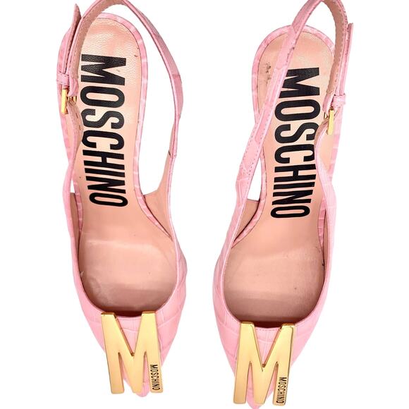 Moschino Couture Croc Embossed Leather M Slingback Pointed Heels Pink Gold 38.5 - Picture 5 of 13